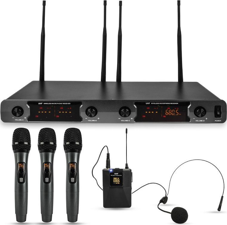 Sistem mikrofonësh pa tel NN WMIC4, 4 kanale UHF, me 3 mikrofona dore dhe headset, i zi