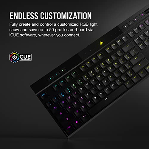 Tastierë gaming CORSAIR K100 Air Wireless, mekanike Cherry MX Ultra Low Profile, RGB, me Bluetooth, e zezë