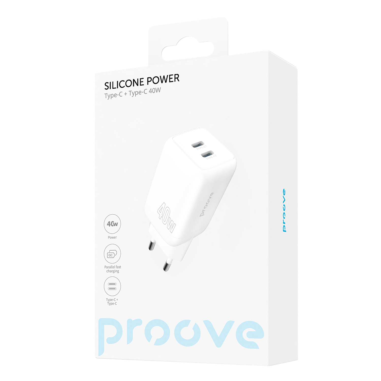 Karikues muri Proove Silicone Power, 40W, me 2×Type-C, i bardhë