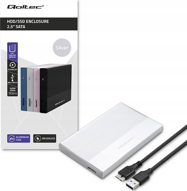 Kuti e jashtme Qoltec Pocket, 2.5", USB 3.0, 2TB, argjendtë