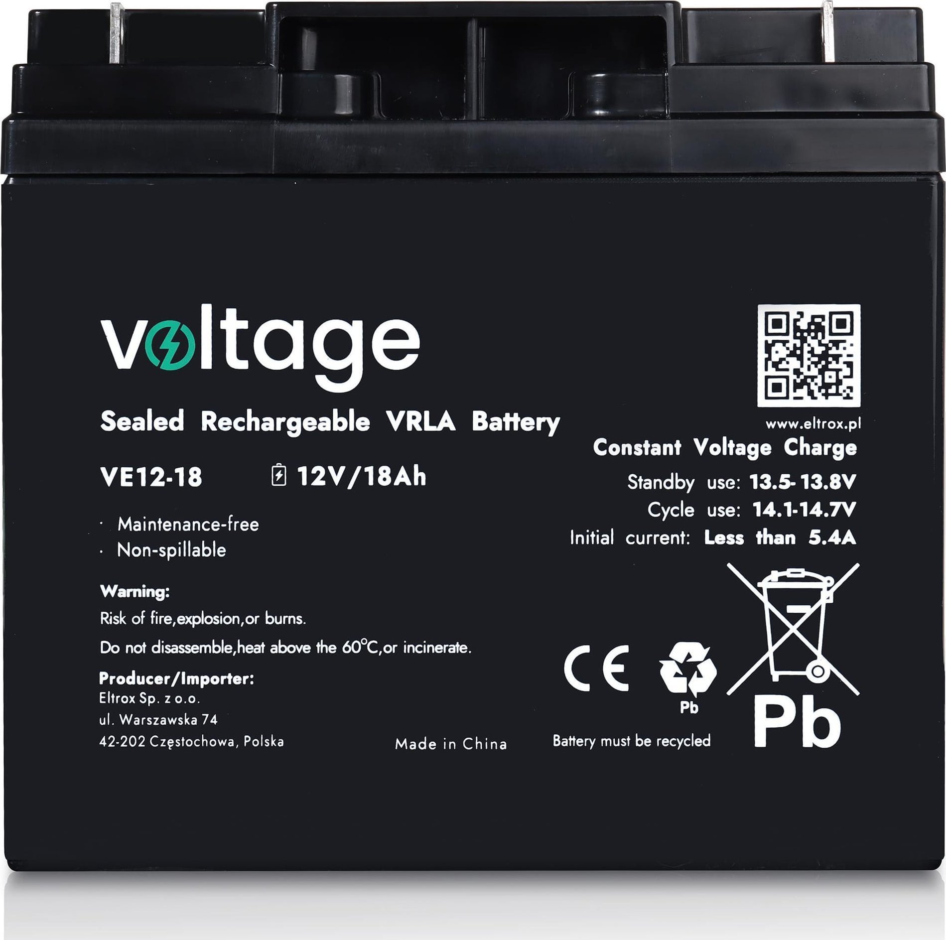 Bateri AGM Voltage VE12-18, 12V, 18Ah, gri
