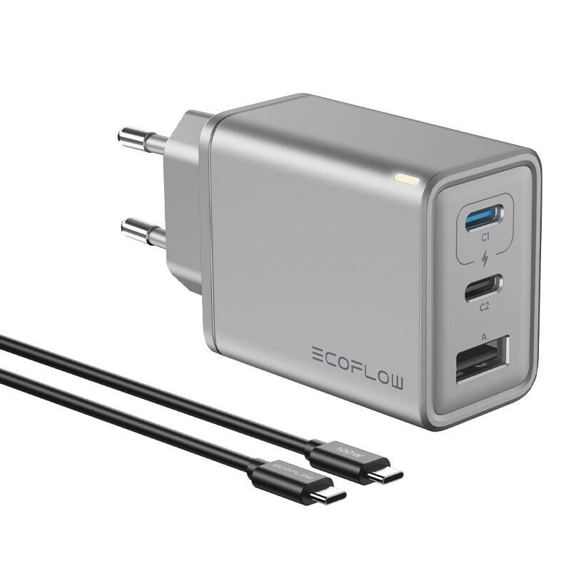 Karikues murale EcoFlow 65W GaN, 3 porta USB, me kabllo USB C, argjendtë