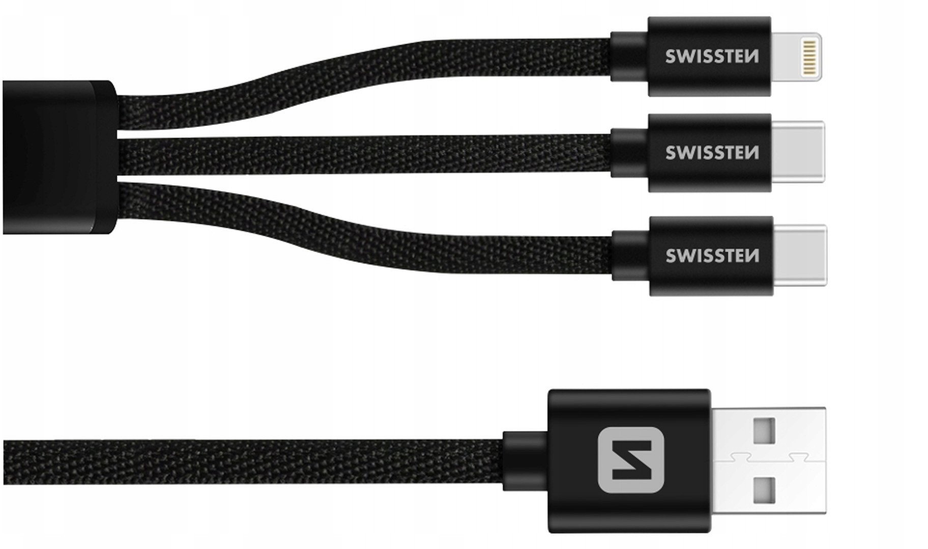 Kabllo karikimi Swissten Textile 3in1, 1.2m, USB A në USB C dhe Lightning, e zezë