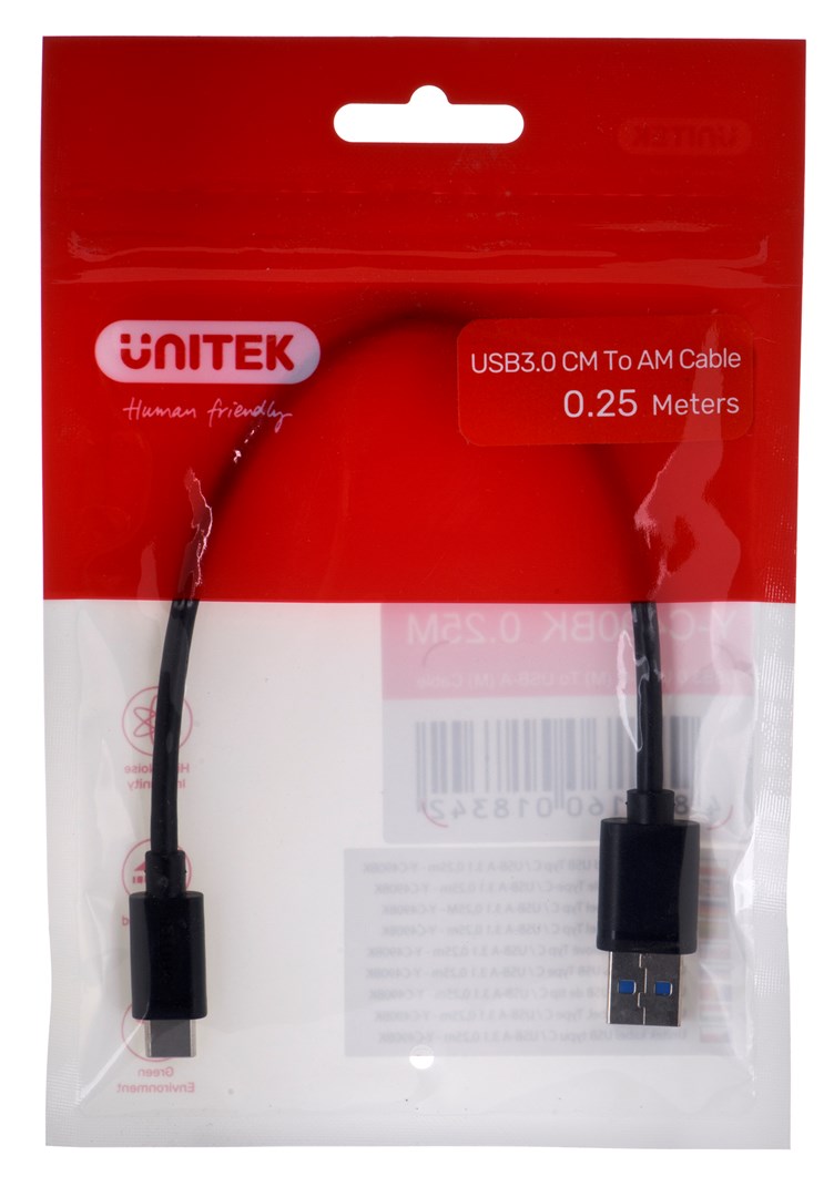 Kabllo Unitek, USB C / USB A, 0.25 m, e zezë