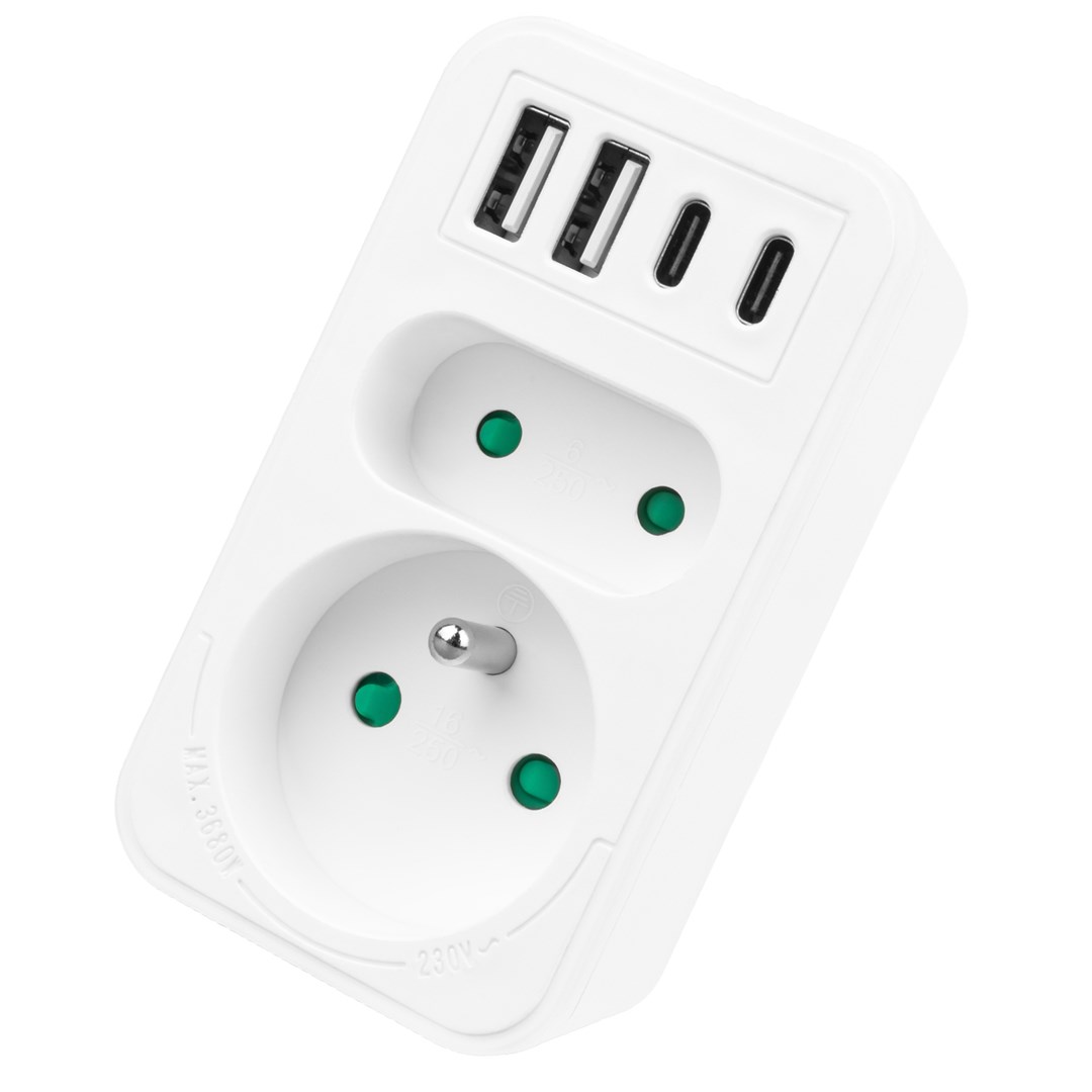 Prizë shumëfishe Maclean MCE249 F/W, 2x220V, 2xUSB A 2xUSB C PD 20W, e bardhë