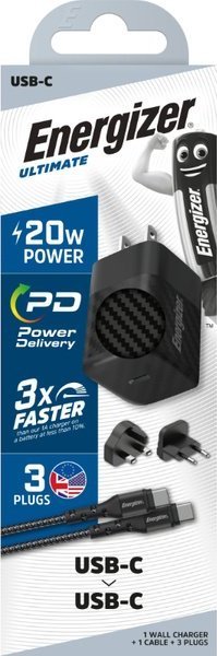 Полнач за мрежа Енерџајзер Ultimate GaN 20W, USB-C PD, со кабел USB-C, црн