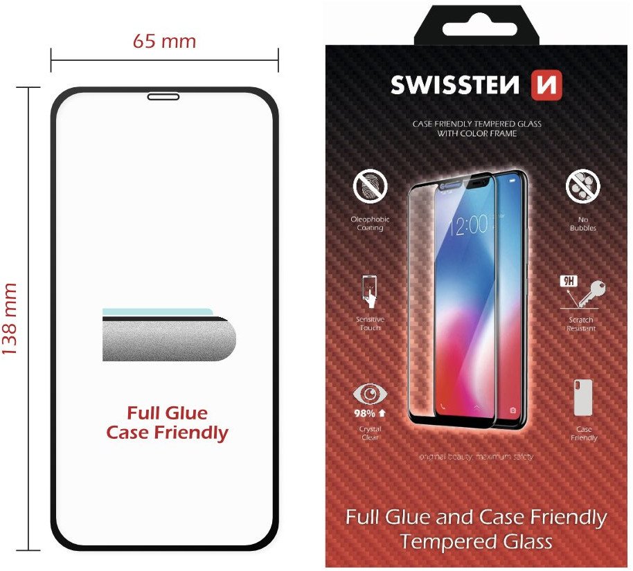 Mbrotjës ekrani Swissten Case Friendly për iPhone X XS, xham i fortë 9H, transparent
