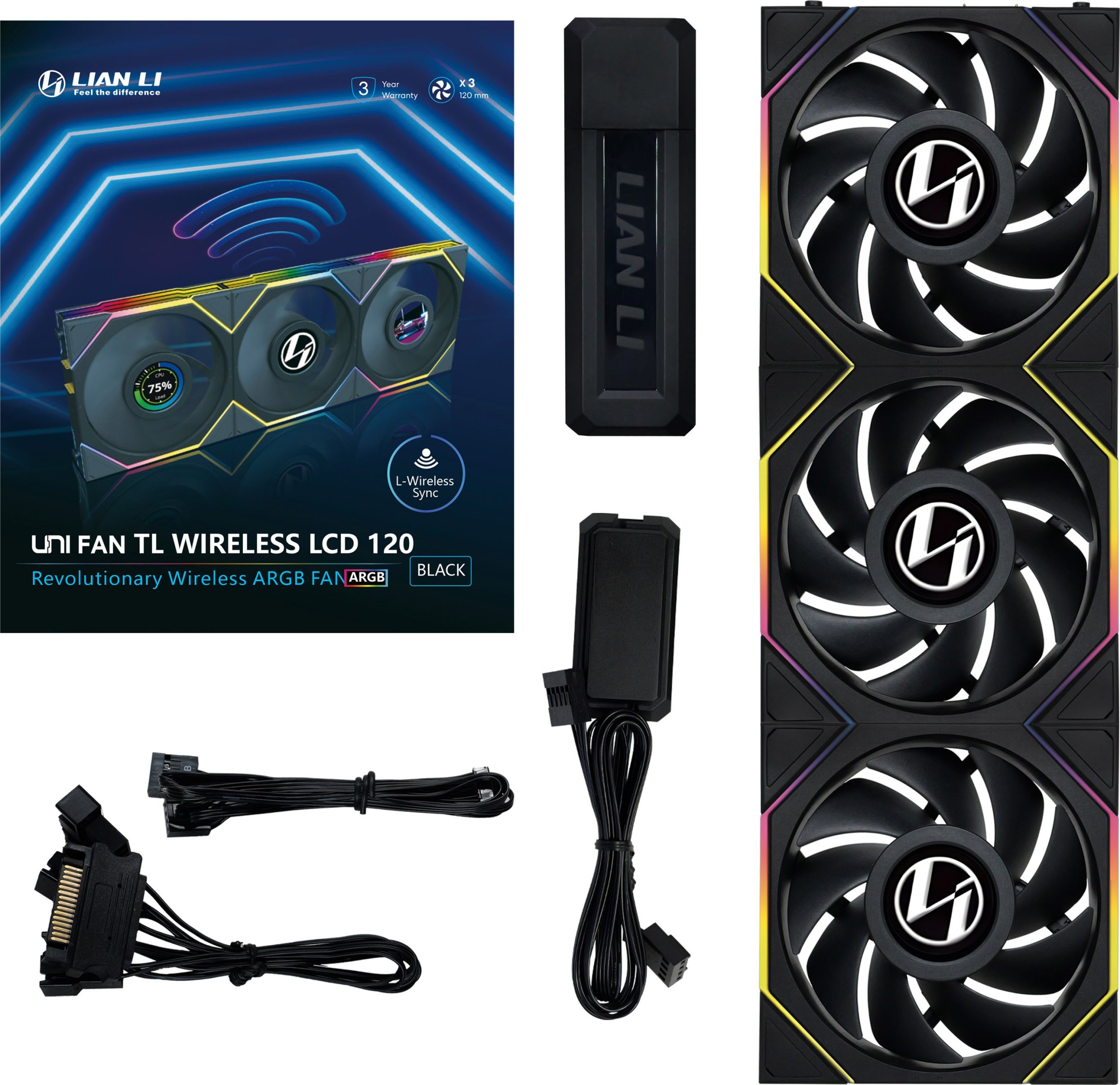 Ventilatorë PC Lian Li UNI TL LCD Wireless, 120mm, ARGB PWM, 3 copë, të zinj