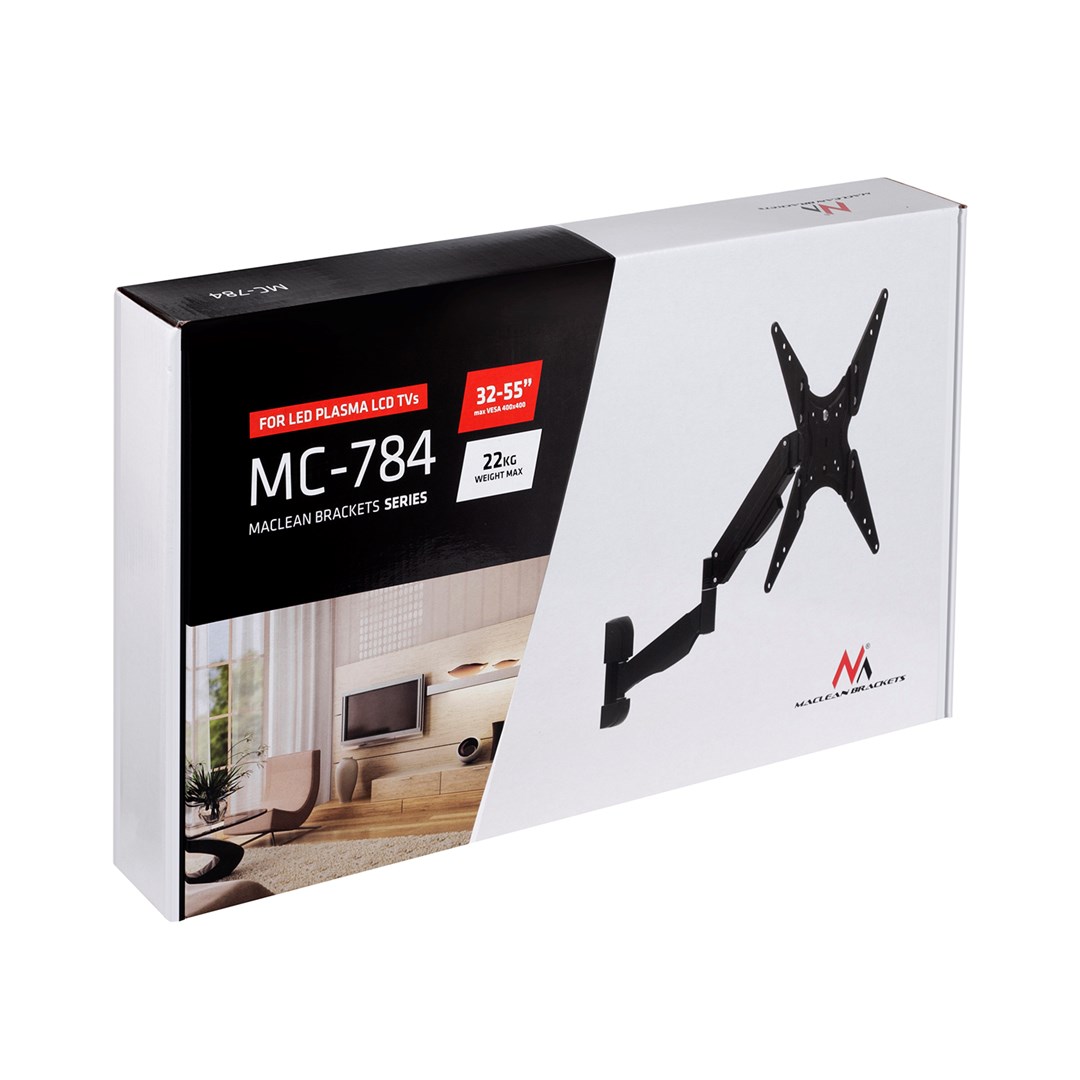 Држач за телевизор Maclean MC-784, 32-55\", 22kg, VESA, гасна пружина, црна