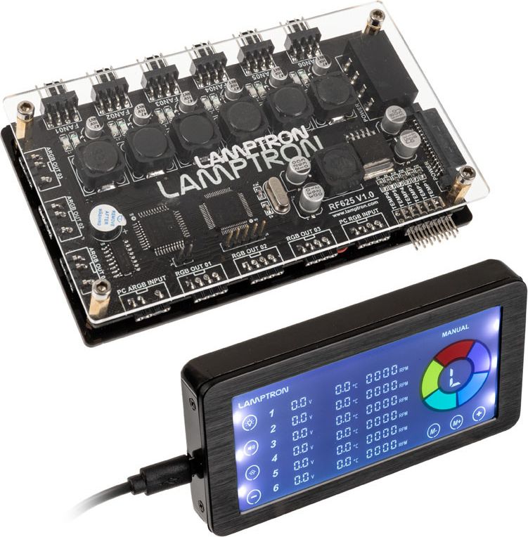 Kontrollues ventilatorësh Lamptron RF625, PWM dhe ARGB, me ekran LCD, i zi