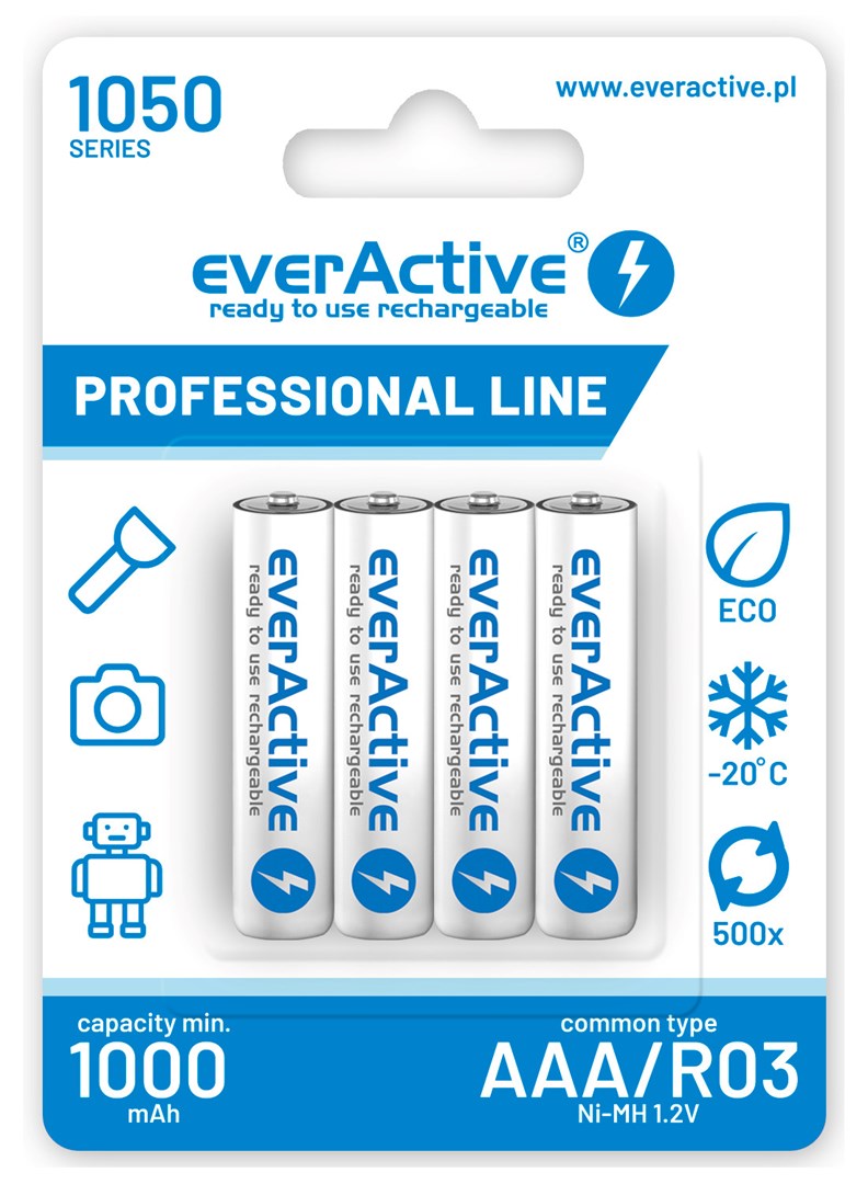 Bateri të rikarikueshme EverActive Professional Line AAA R03, 1000mAh, paketim 4 copë, të bardha