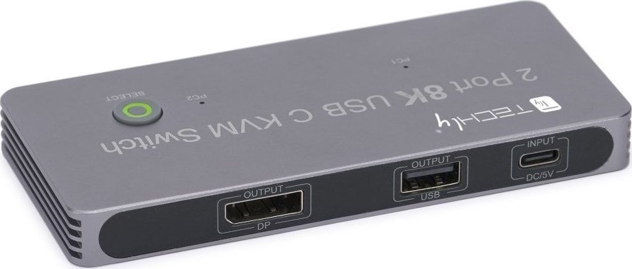 USB C KVM прекинувач Techly, DisplayPort 1.4 8K, 2x USB C, 3x USB 2.0, црн