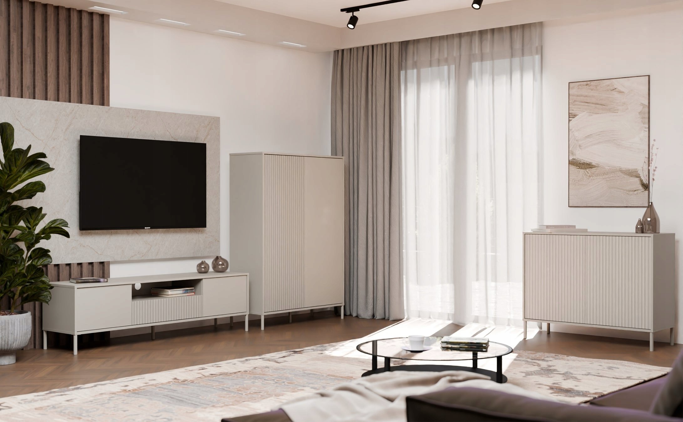 Kabinet TV KAMARO 160, MDF, me rafte dhe dollapë, bezh kashmiri