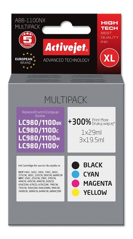 Ngjyrë për printer Activejet ABB-1100NX (zëvendësim për Brother LC1100/LC980Y), 4 copë, e zezë / e kaltër / vjollcë / e verdhë
