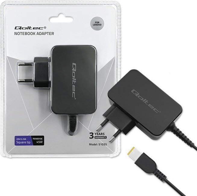 Adaptues karikues për laptop Qoltec për Lenovo, 45W, 20V 2.25A, slim tip me pin, i zi