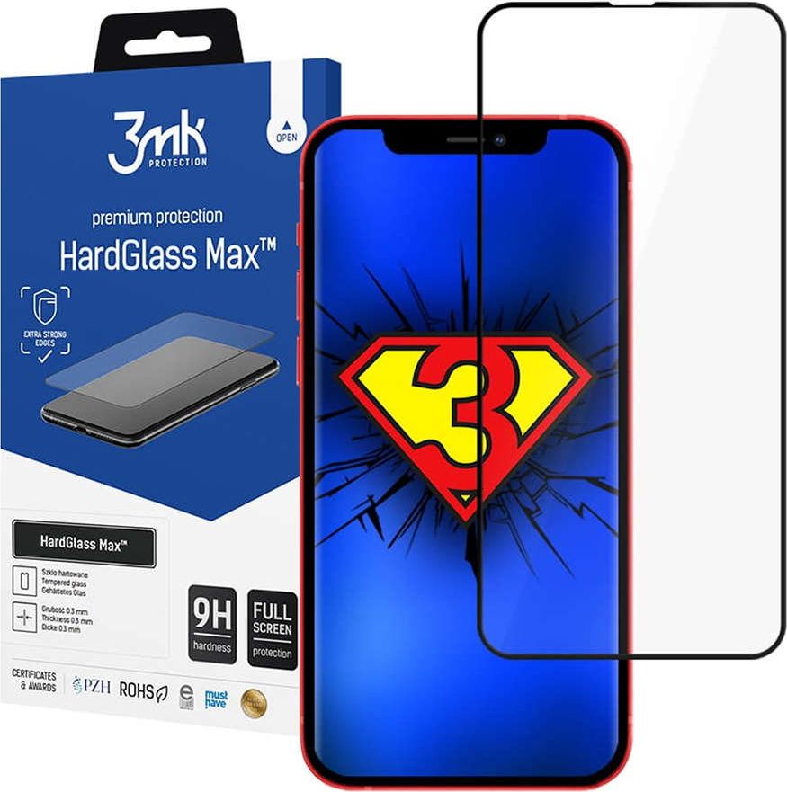 Stiklla mbrojtëse 3MK HardGlass Max Finger Print për iPhone 13 Pro Max, xham i kalitur, skaje të lakuara, e zezë