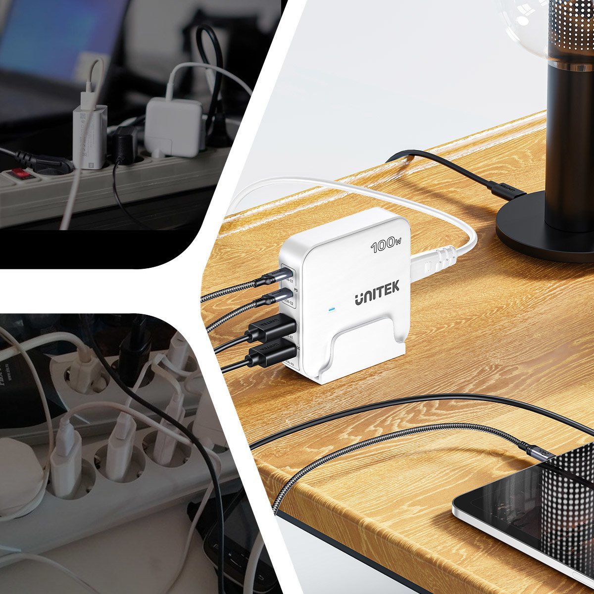 Karikues tavoline Unitek GaN 100W, 2x USB A, 2x USB C, i bardhë