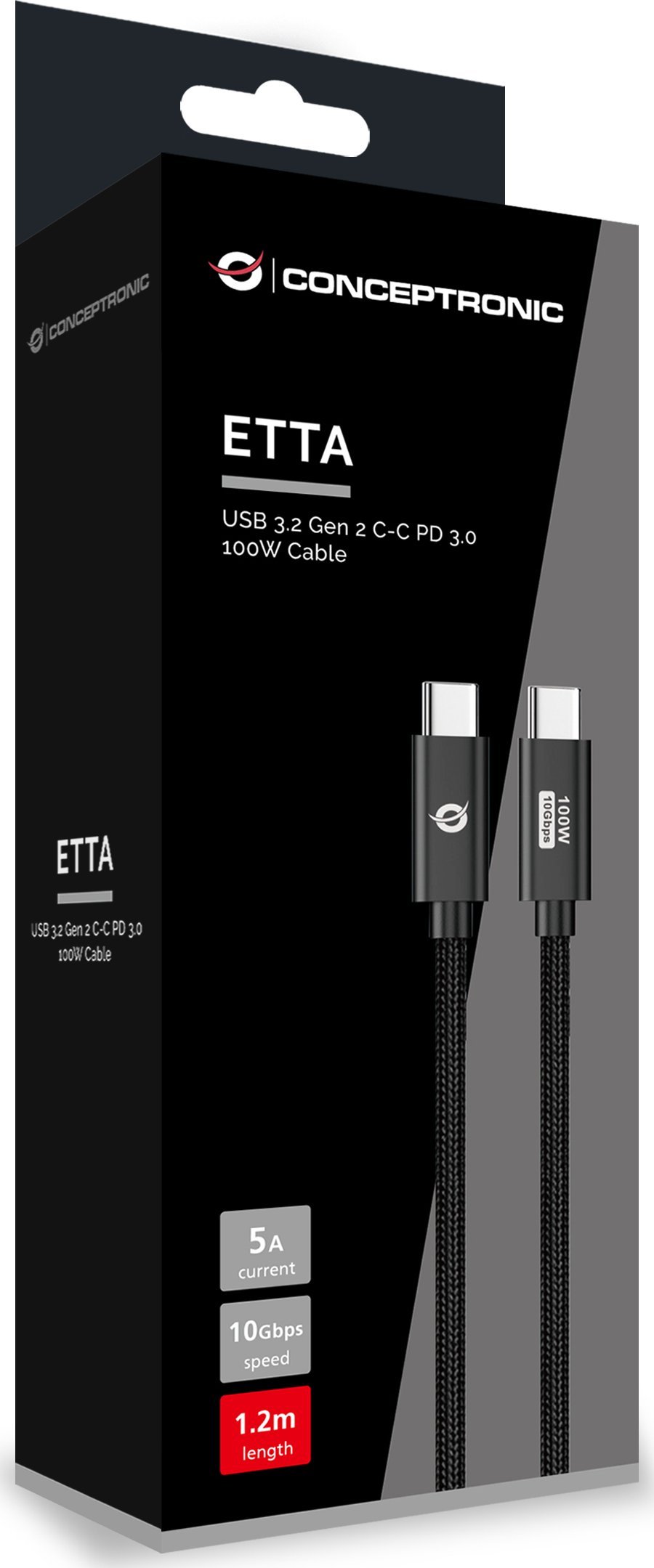 Kabllo USB C Conceptronic, USB-C në USB-C, 1.2m, 10Gbps, 5A, e zezë
