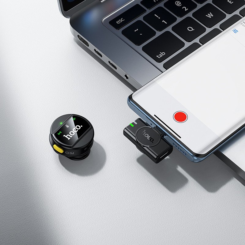 Mikrofon wireless HOCO USB C Round, lavalier me kapëse, reduktim zhurme, i zi