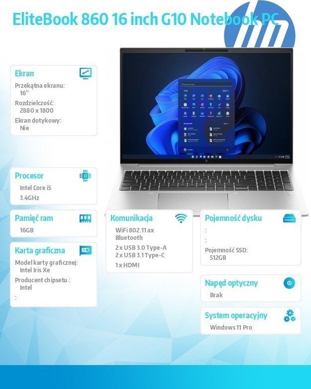 Laptop HP Notebook 860 G10, 16", Intel Core i5-1335U, 16GB RAM, 512GB SSD