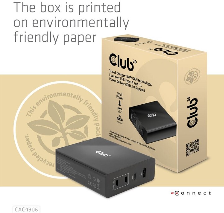 Karikues Club3D, teknologji GAN, 4xUSB-A dhe USB-C, PD 3.0, 132W, i zi