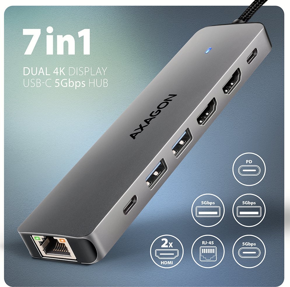 USB hub AXAGON HMC-7HX2, 2x USB-A, 2x HDMI 4K, Power Delivery 100 W, argjendtë