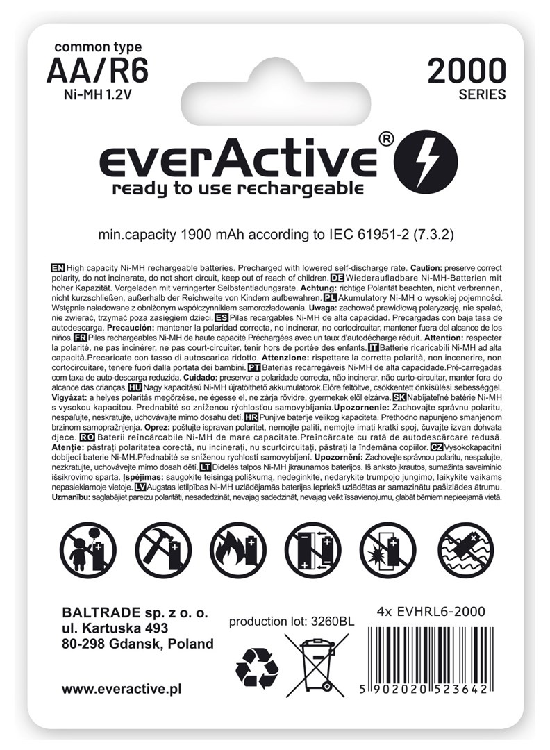 Bateri të rikarikueshme EverFast AA R6, 2000mAh, paketim 4 copë