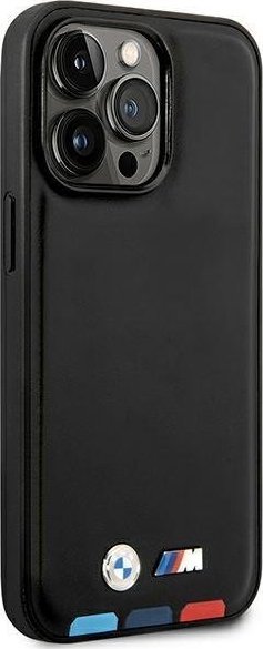 Mbulesë telefoni BMW Leather Stamp Tricolor MagSafe për iPhone 14 Pro 6.1", lëkurë natyrale, e zezë
