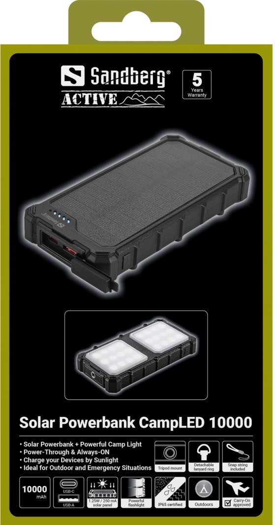 Powerbanku Sandberg Solar CampLED 10000, 10000mAh, panel diellor, LED, i zi