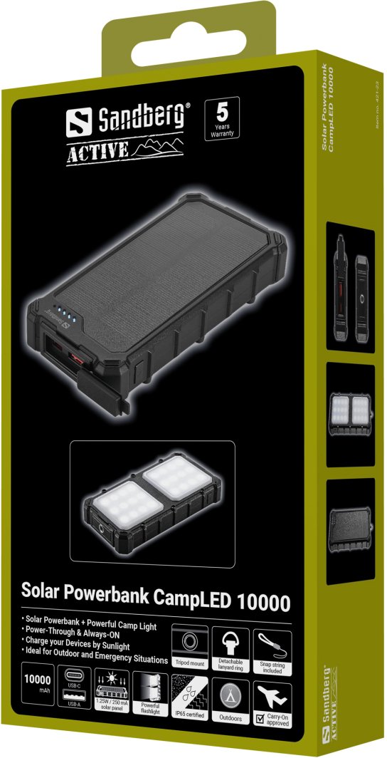 Powerbanku Sandberg Solar CampLED 10000, 10000mAh, panel diellor, LED, i zi