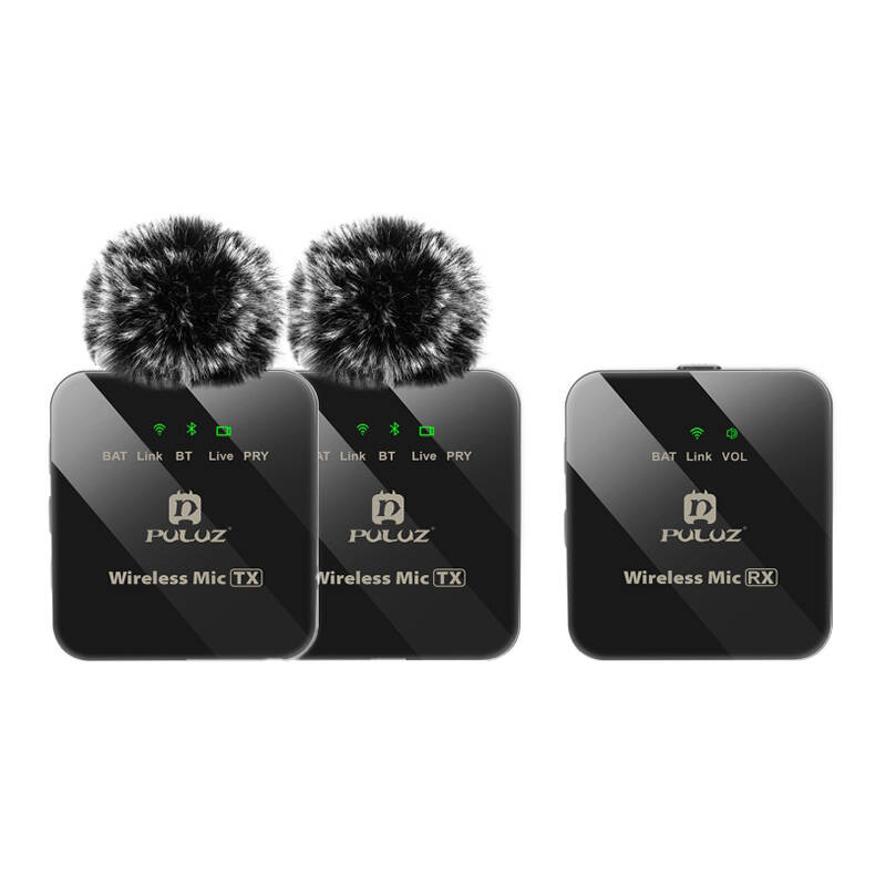 Mikrofon wireless lavalier Puluz 2 TX 1 RX, set me 2 transmetues, për kamera dhe telefona, i zi