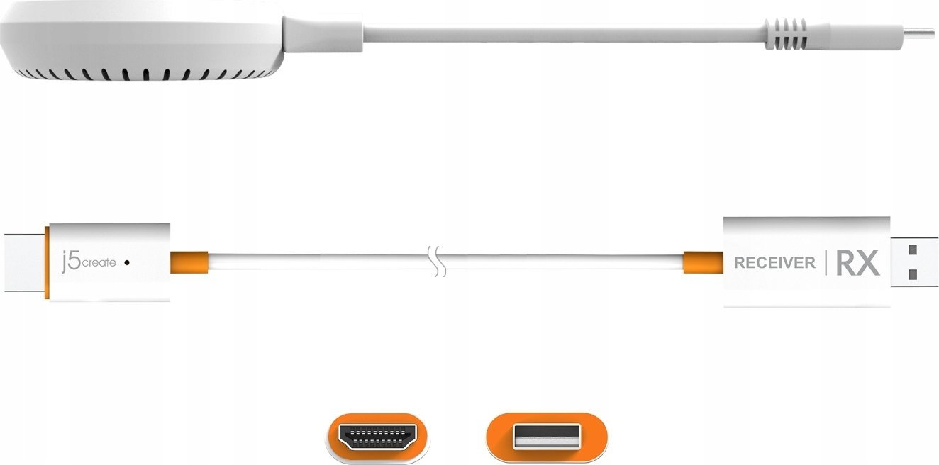 Adapter wireless për ekran J5create JVAW62 ScreenCast, USB C, HDMI Extender, i bardhë portokalli