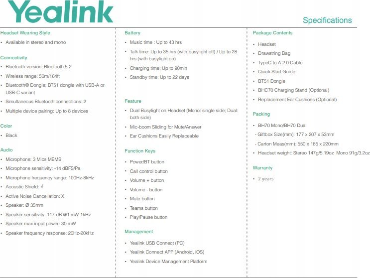 Моно слушалка Yealink BH70 Teams, со Блутут, врска USB A, црна