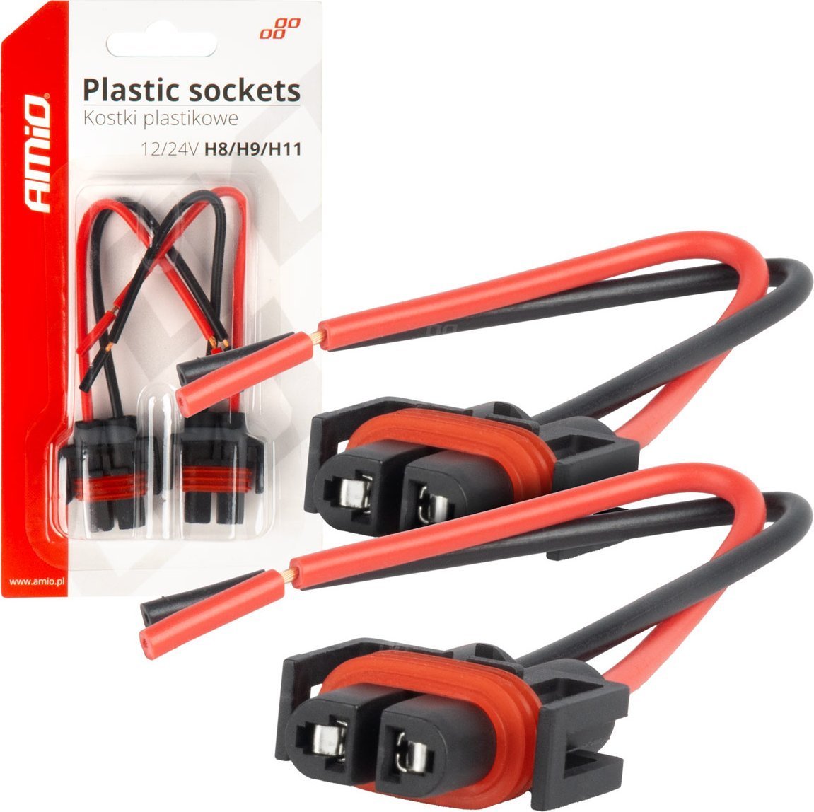Konektorë llambash AMiO 03182, set 2 copë, për H8 H9 H11, plastikë rezistente