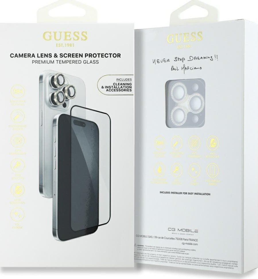 Xham mbrojtës Guess BP për iPhone 16 Pro Max, set 2 në 1, ekran dhe kamera, i artë