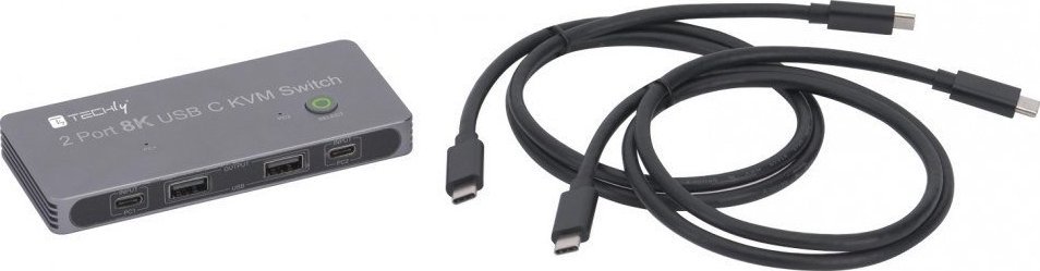 USB C KVM прекинувач Techly, DisplayPort 1.4 8K, 2x USB C, 3x USB 2.0, црн