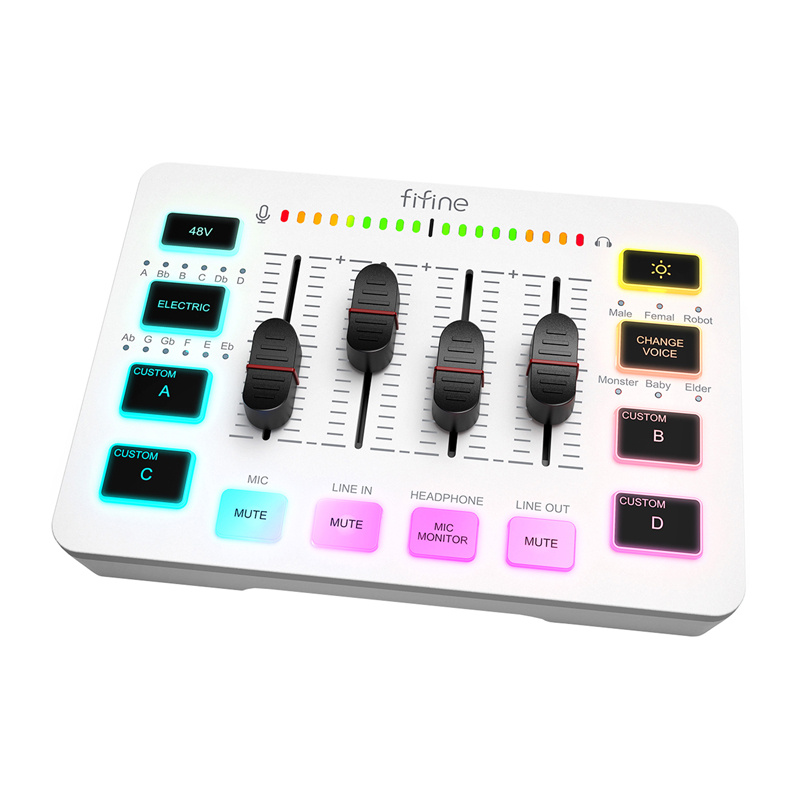 Mikser audio gaming Fifine SC3, 4 kanale, interface audio, i bardhë