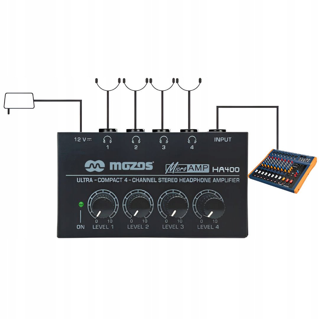 Amplifikator për kufje Mozos HA400, 4 kanale stereo, kontroll i pavarur volumesh, i zi