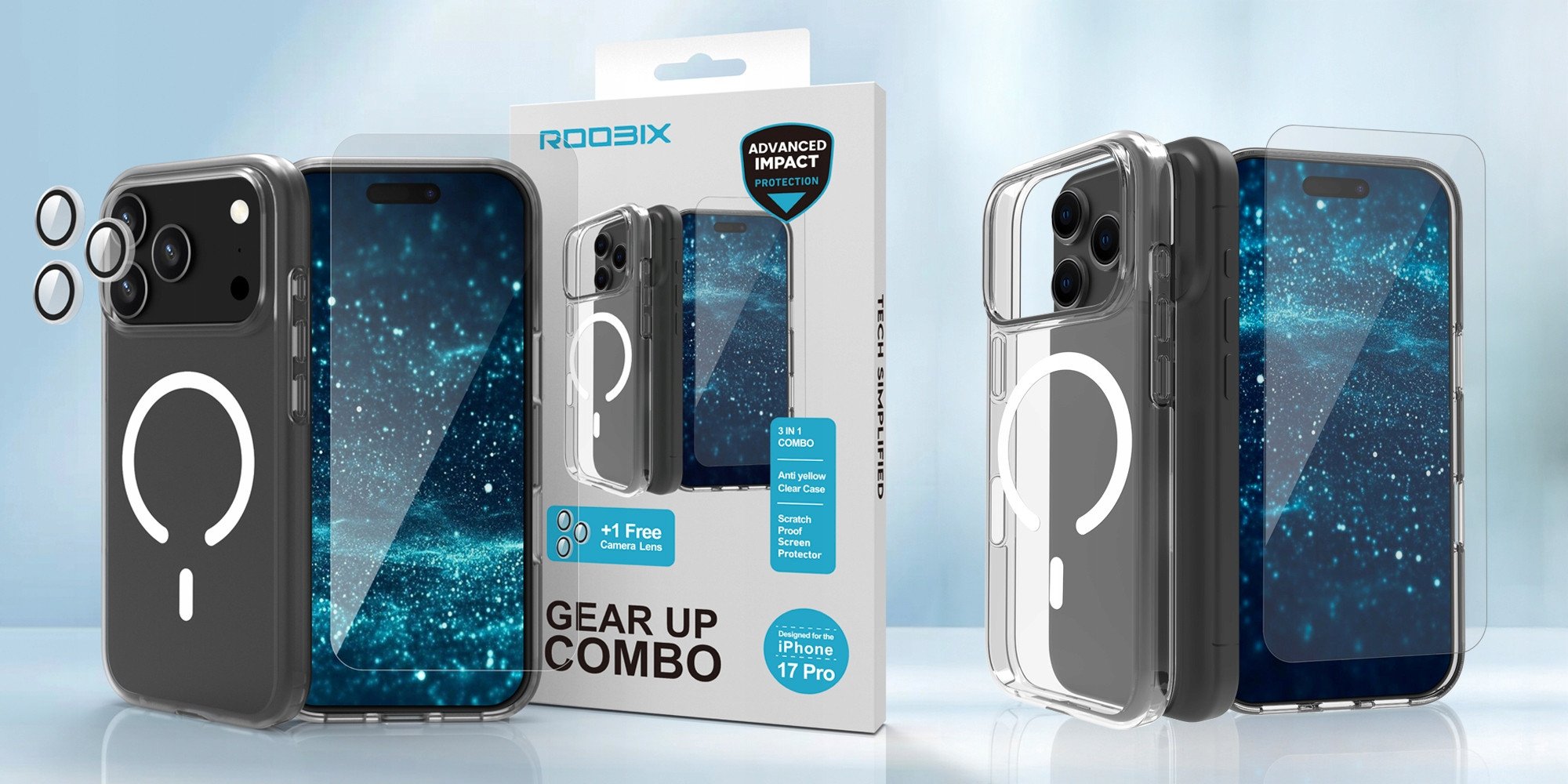 Set mbrojtës 3 në 1 Roobix për iPhone 17 Pro Max, kuti MagSafe, xham dhe mbrojtës kamere, transparent