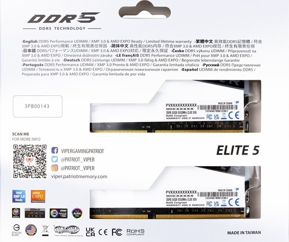 Memorie Patriot Viper Elite 5, DDR5, 96 GB, 6000 MHz, CL42, PVER596G60C42KW