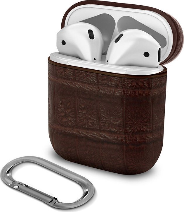Mbrojtëse Devia Lux Series për AirPods, pamje lëkure krokodili, me karabinë magnetike, kafe