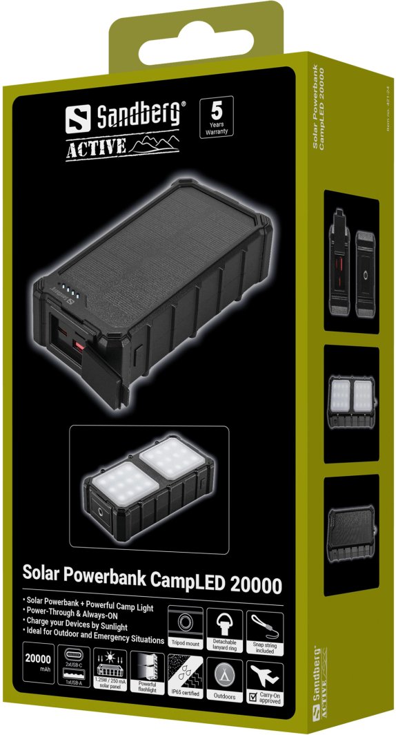 Power Bank Sandberg Solar CampLED, 20000 mAh, me panel diellor dhe llambë LED, i zi