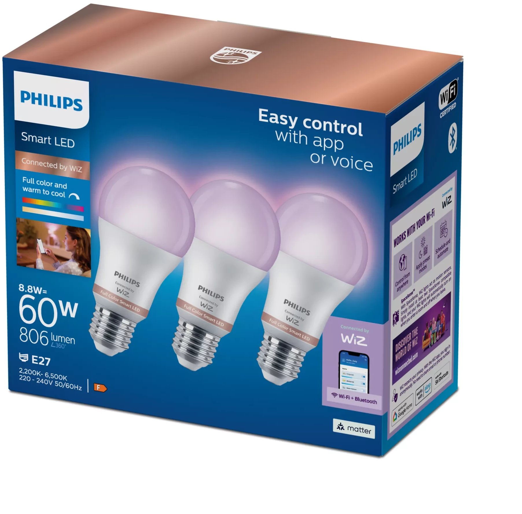 Set llamba LED Philips WiZ, E27, 8.8W 60W, RGB, e bardhë