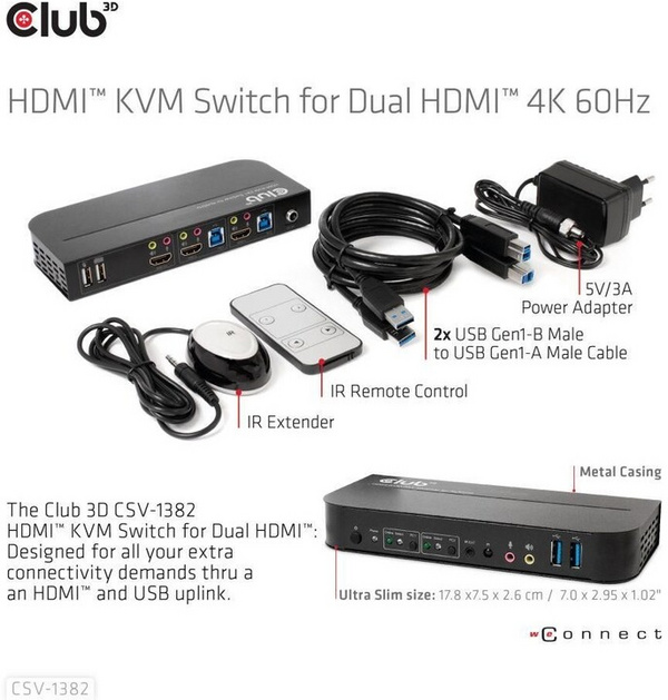 Ndërprerës Club3D Network Switch - Switch, HDMI KVM Switch - Dual HDMI 4K @ 60Hz