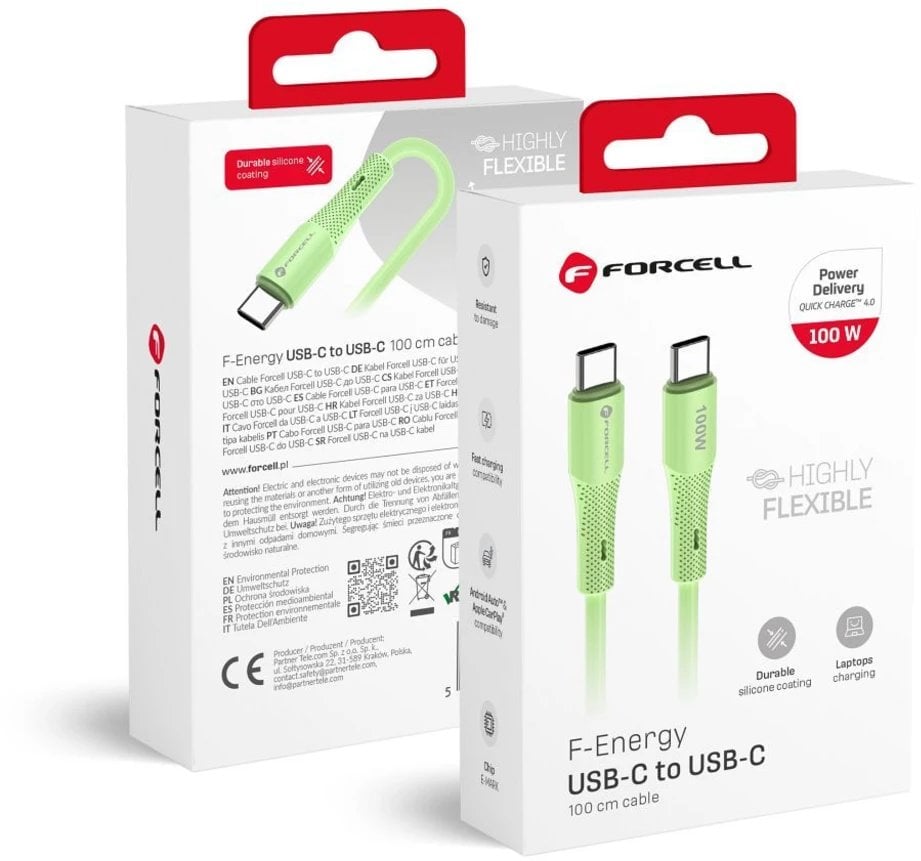 Kabllo USB Forcell F-ENERGY C347, Type C në Type C, 1m, 100W, e gjelbër