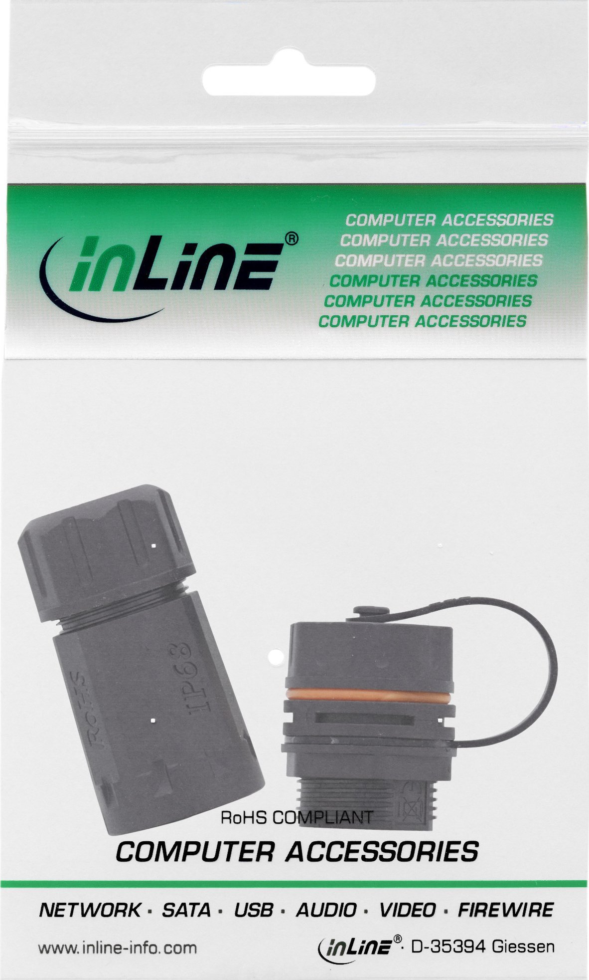 Kupletor мрежен InLine Cat6a, IP68, 2x RJ45 F/F, црн