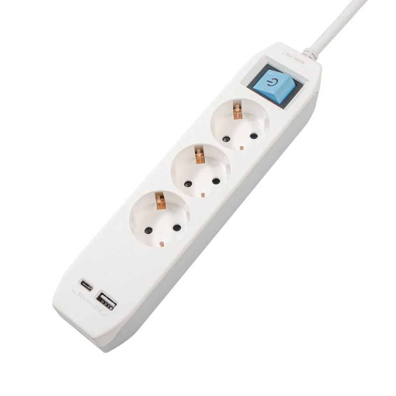 Prizë zgjatuese Spacer Extension, 3x Schuko, 4.5m 16A, e bardhë gri