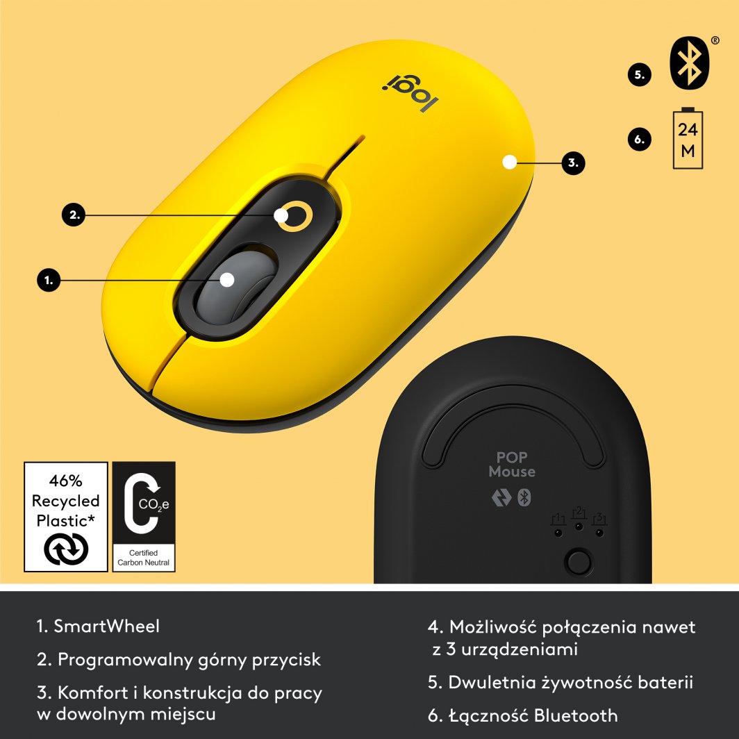 Maus Logitech POP, wireless, Bluetooth, i zi dhe i verdhë