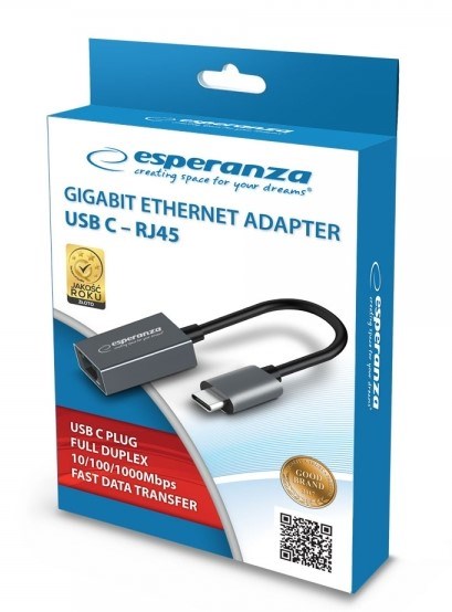Përshtatës rrjeti Esperanza ENA102, PoE, USB C, 1000 Mbps, gri
