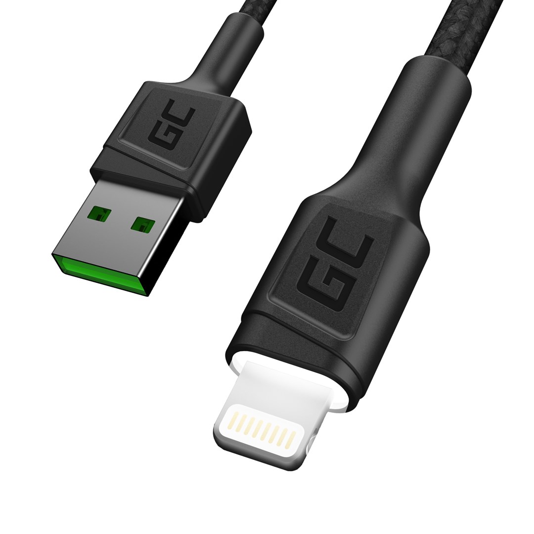 Kabllo Green Cell KABGC12, 2m, Lightning në USB-A, 480 Mbps, e zezë